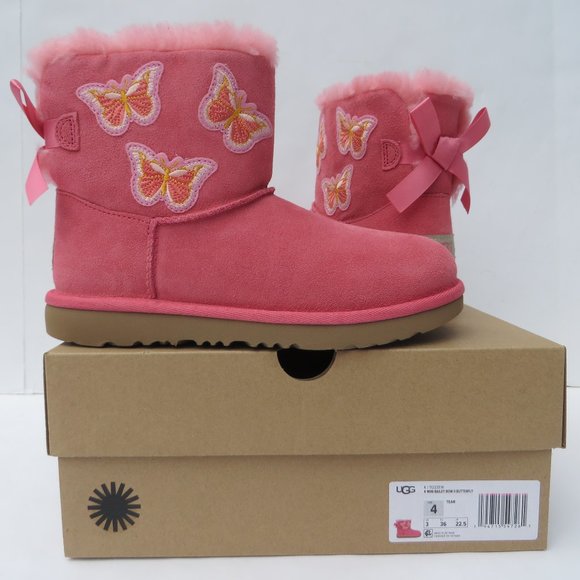 UGG Australia Boots Kids 4 NEW Mini Bailey Bow II Butterfly TEAR Pink NIB - Picture 1 of 12